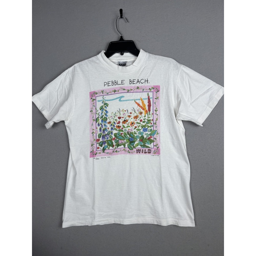 Vintage Pebble Beach Shirt Mens Medium White Fabric Art Wildflower Graphic Tee